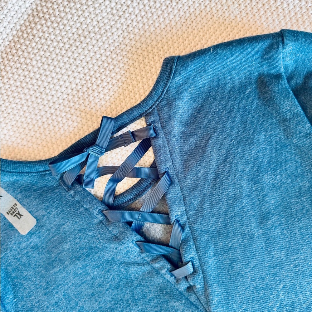 PLACE Girls Blue Sweatshirt w Velvet 'Smart Girls Rule' Graphic & Lace-Up Back - Picture 8 of 12